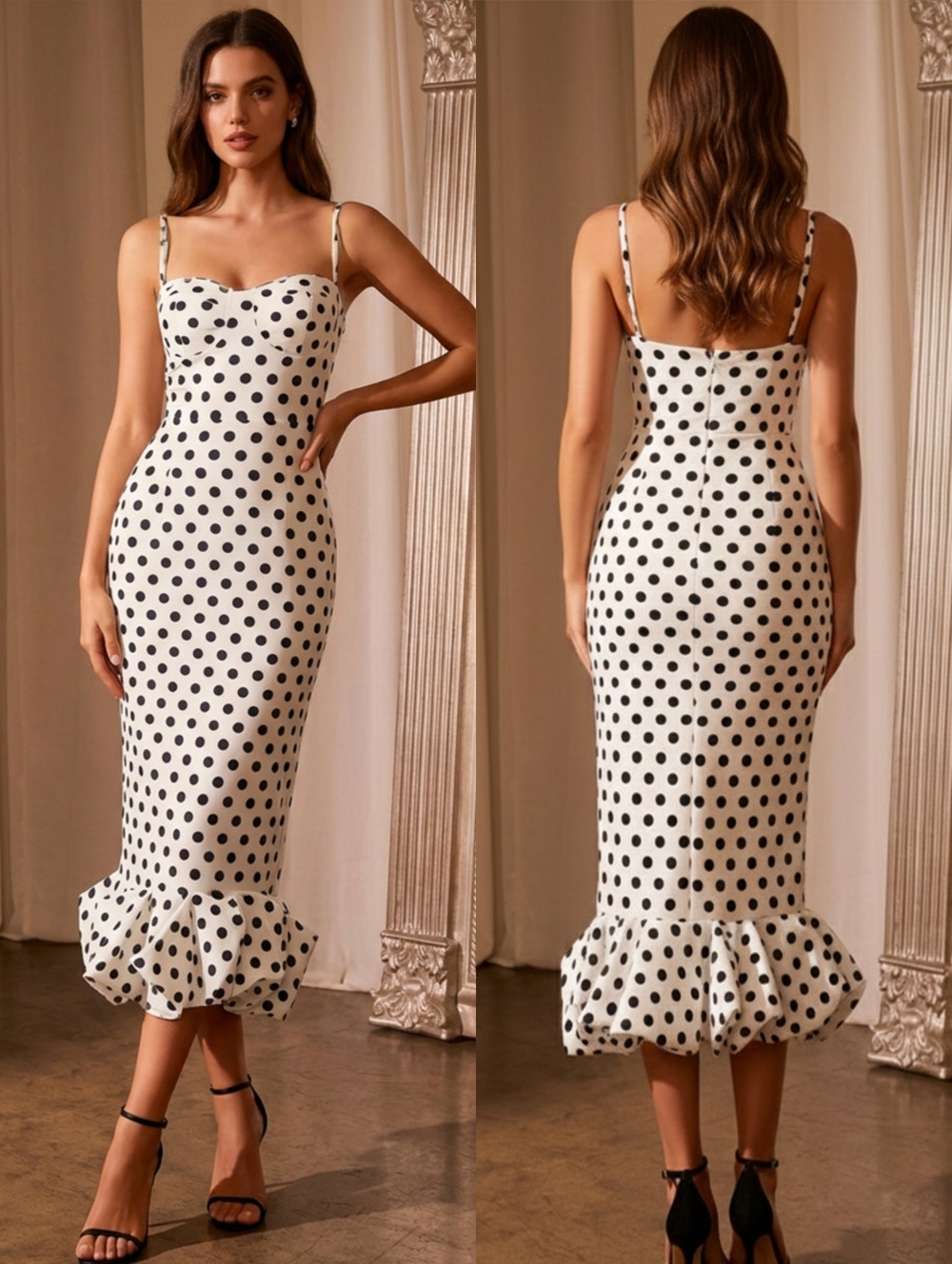CLUBL | Polka Dot Bodycon Ruffled Midi Dress